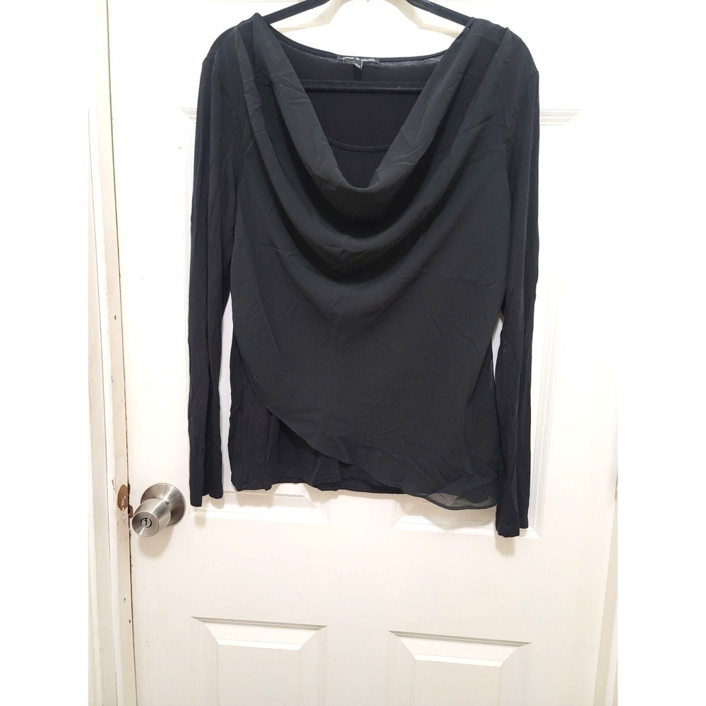 Cable & Gauge Draped Cowl Neck Top Women L‎ Black Chiffon Overlay Long Sleeve